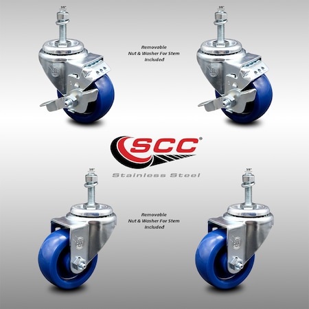 Service Caster 3 Inch SS Solid Polyurethane Swivel 3/8 Inch Threaded Stem Caster Brakes, 2PK SCC-SSTS20S314-SPUS-381615-2-TLB-2